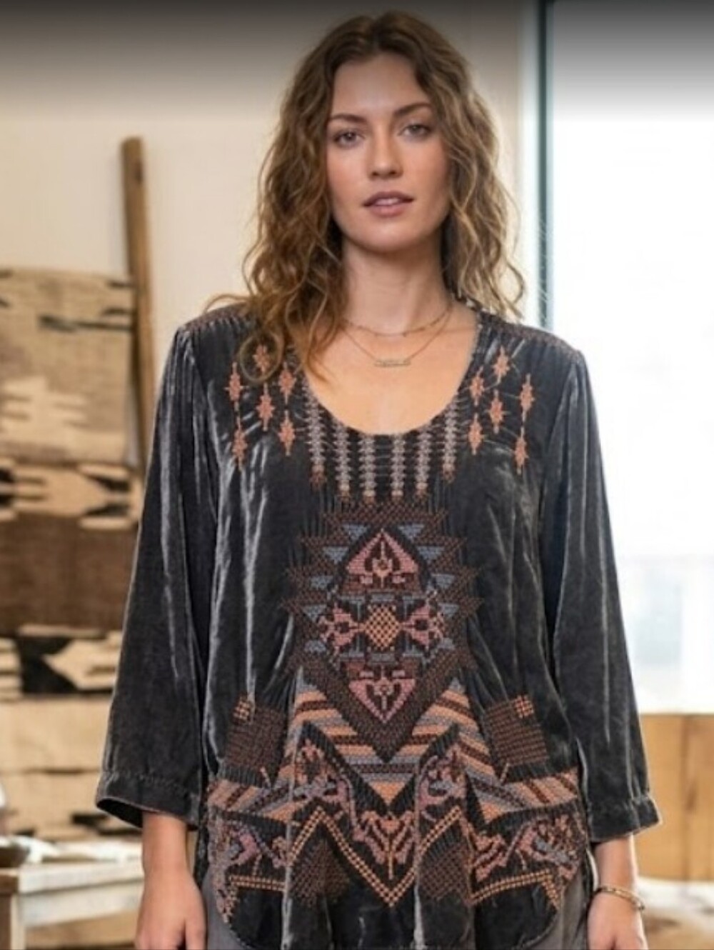 Johnny Was Boho Gray Southwestern Embroidered Silk Velvet Tunic XL